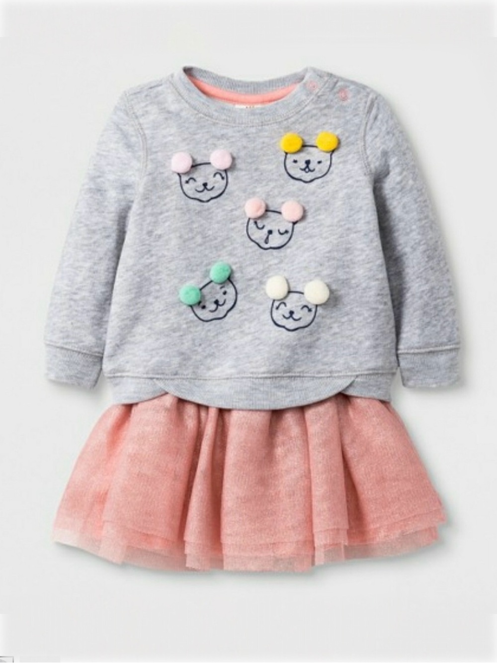2pc Set - Gray Pom-Pom Sweater & Pink Tulle Skirt 0-3m